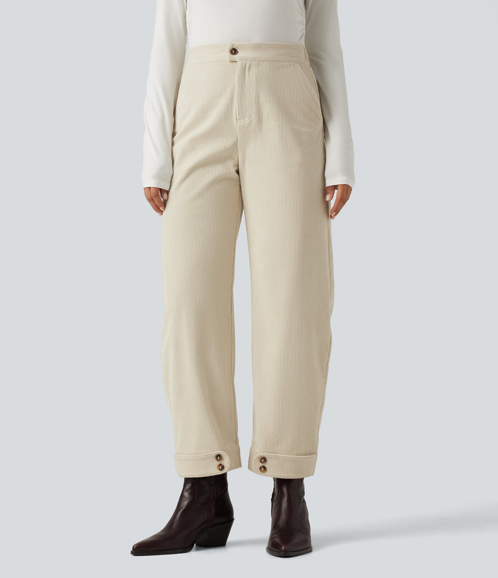 High Waisted Barrel Leg Corduroy Casual Trousers with Pockets — Cream Mist Ribbed — view 1