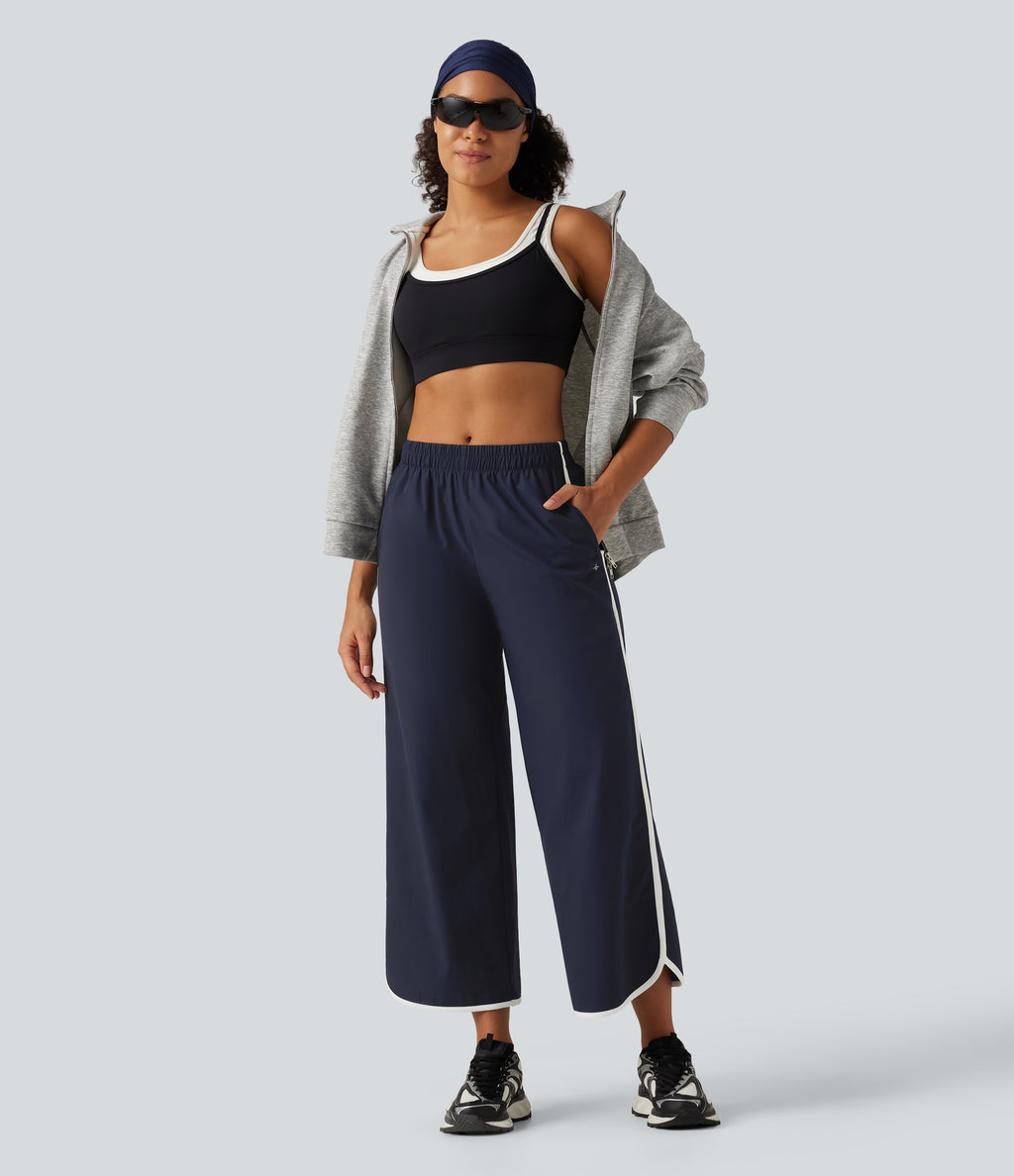 Mid Rise Curved Hem Wide Leg Color Block Running Trousers with Pockets — Dark Sapphire — view 7