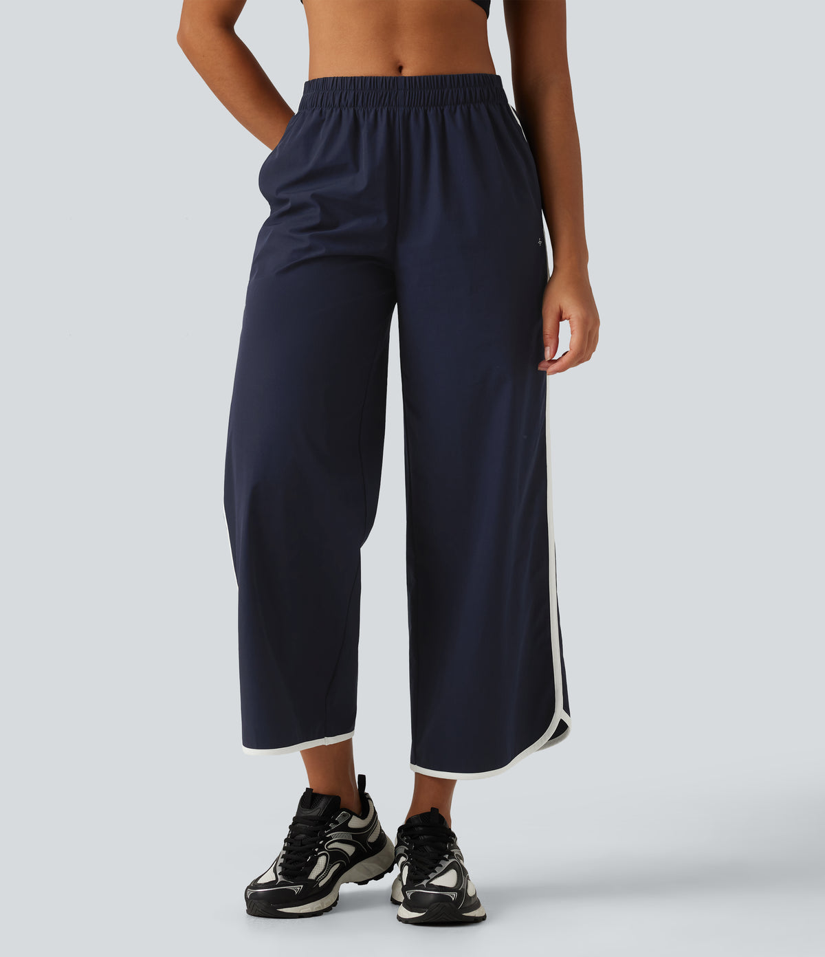 Mid Rise Curved Hem Wide Leg Color Block Running Trousers with Pockets — Dark Sapphire — view 3