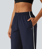 Mid Rise Curved Hem Wide Leg Color Block Running Trousers with Pockets — Dark Sapphire — view 4