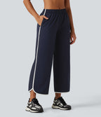 Mid Rise Curved Hem Wide Leg Color Block Running Trousers with Pockets — Dark Sapphire — view 1