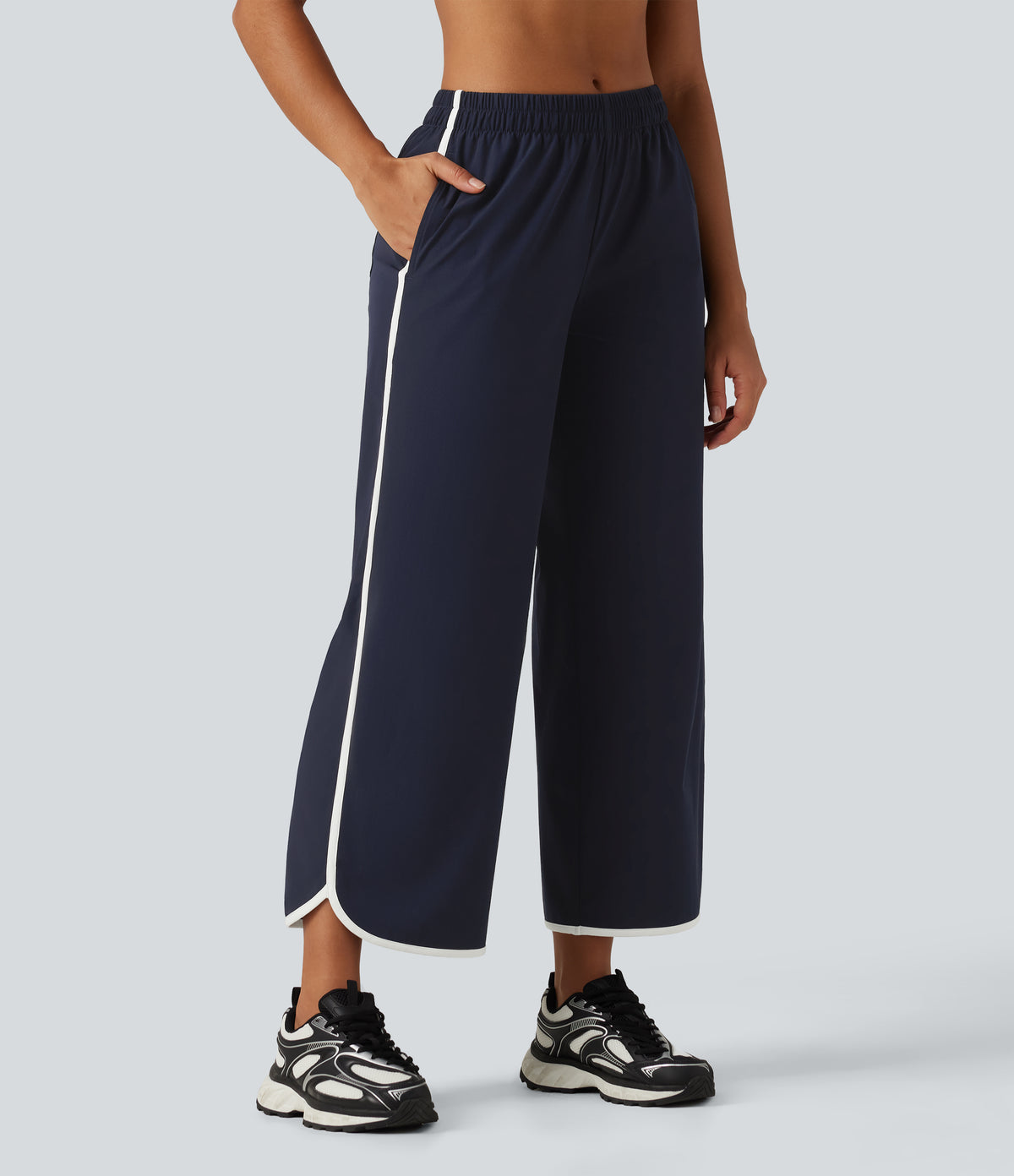 Mid Rise Curved Hem Wide Leg Color Block Running Trousers with Pockets — Dark Sapphire — view 1