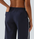 Mid Rise Curved Hem Wide Leg Color Block Running Trousers with Pockets — Dark Sapphire — view 5