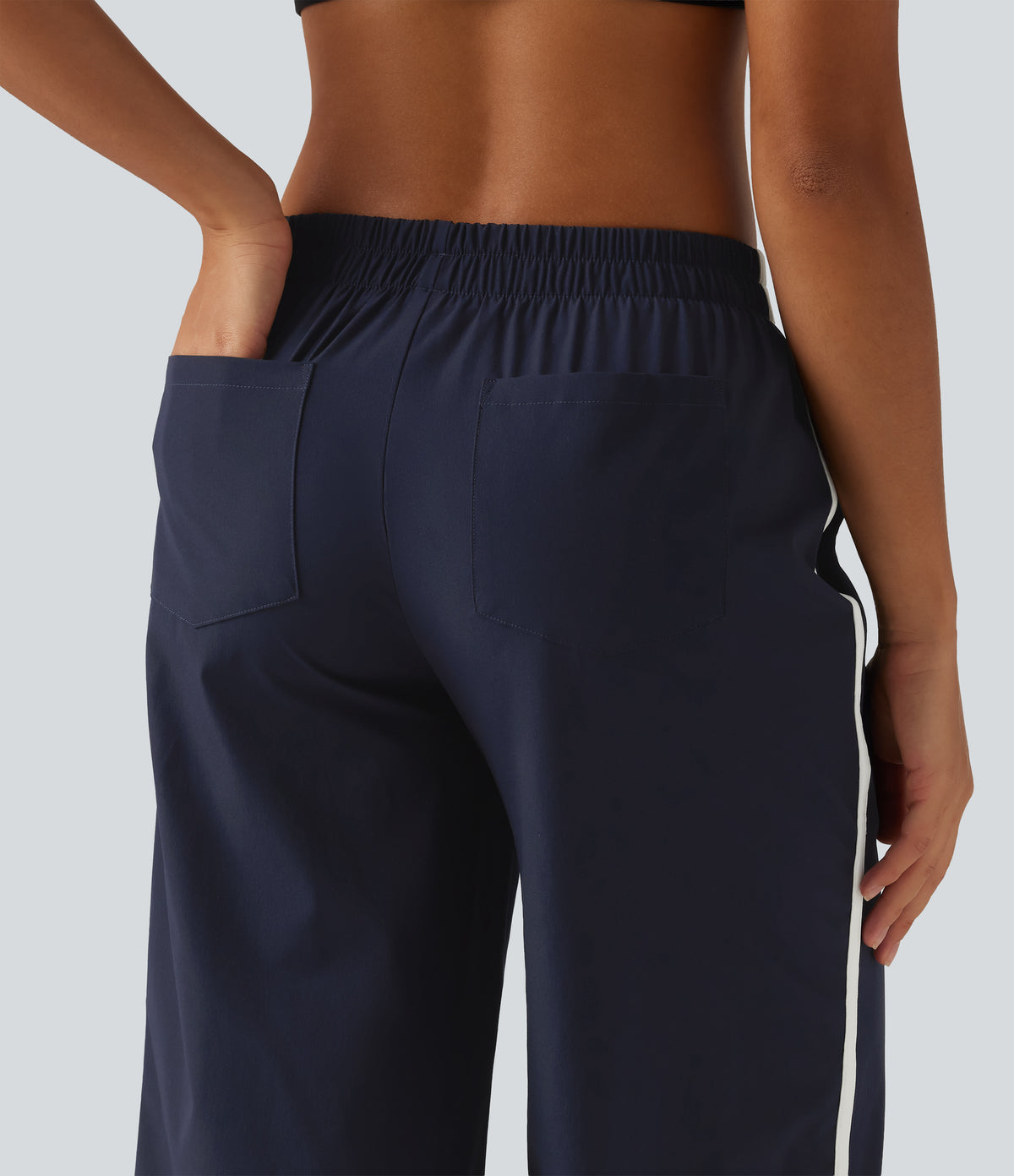 Mid Rise Curved Hem Wide Leg Color Block Running Trousers with Pockets — Dark Sapphire — view 5