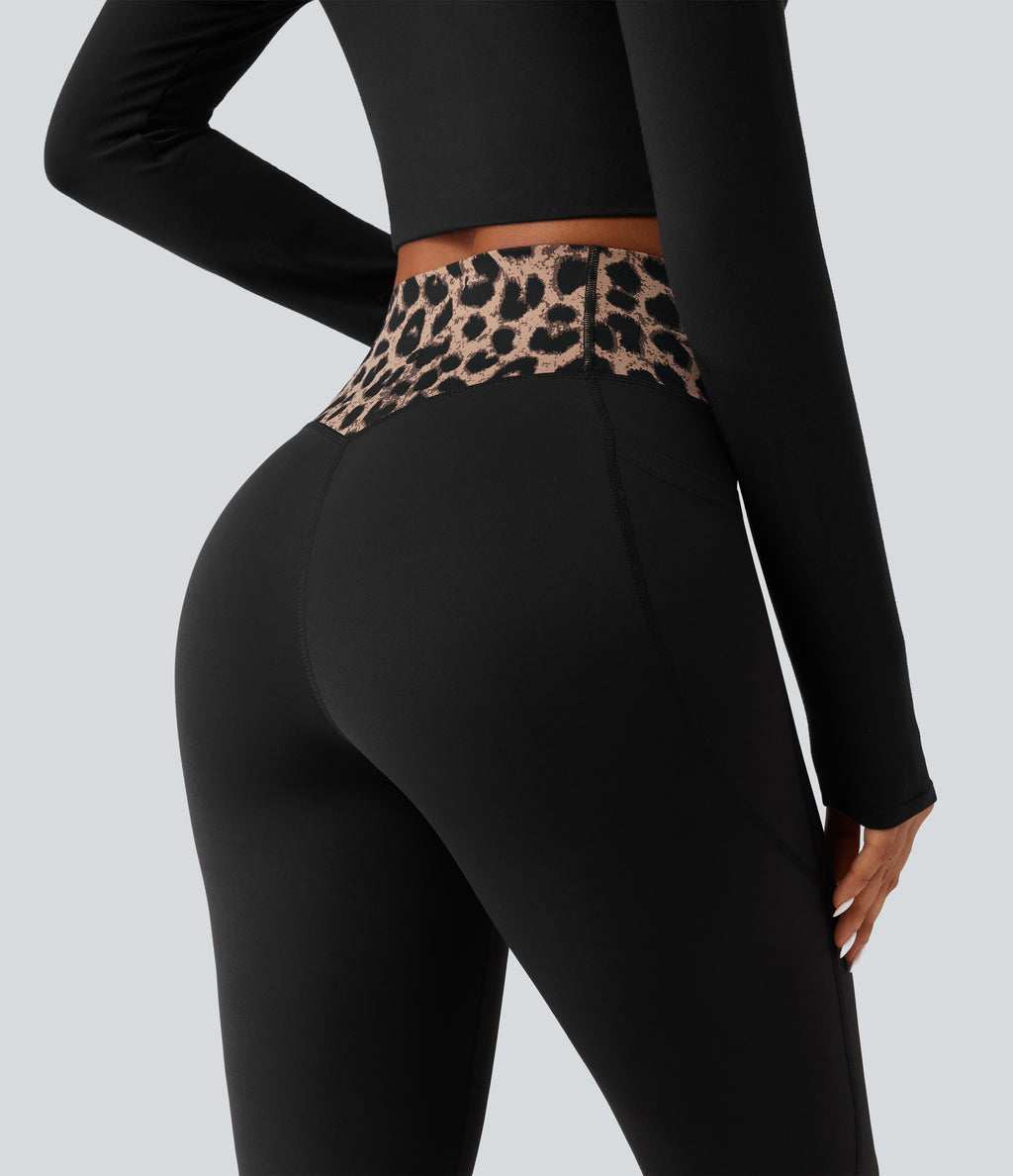 Leopard Print High Waisted Crossover InstantCool Casual Flare Trousers with Pockets — Toffee Leopard — view 5