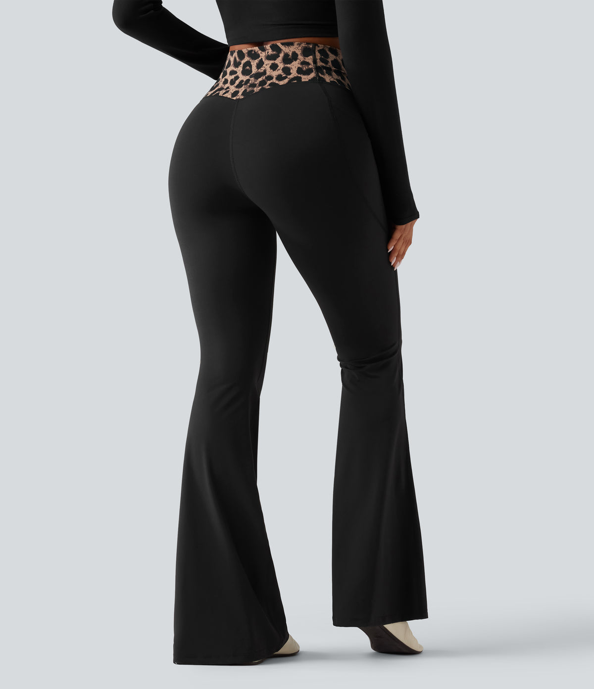 Leopard Print High Waisted Crossover InstantCool Casual Flare Trousers with Pockets — Toffee Leopard — view 2