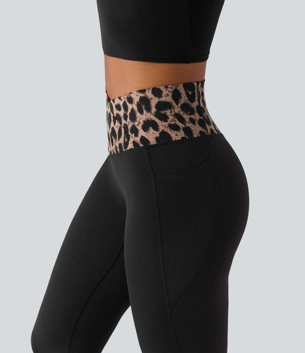 Leopard Print High Waisted Crossover InstantCool Casual Flare Trousers with Pockets — Toffee Leopard — view 6