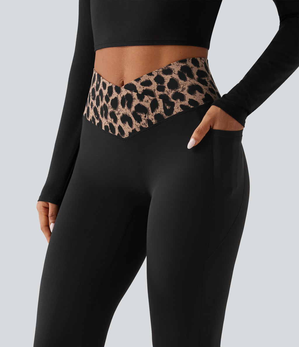 Leopard Print High Waisted Crossover InstantCool Casual Flare Trousers with Pockets — Toffee Leopard — view 4