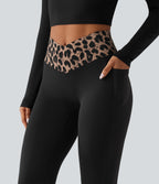 Leopard Print High Waisted Crossover InstantCool Casual Flare Trousers with Pockets — Toffee Leopard — view 4
