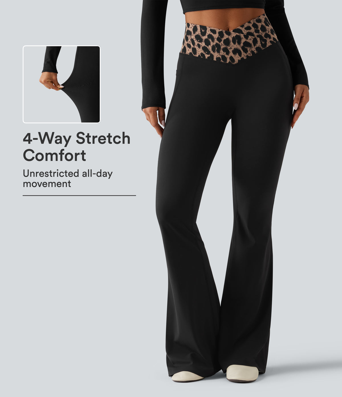 Leopard Print High Waisted Crossover InstantCool Casual Flare Trousers with Pockets — Toffee Leopard — view 1