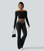 Leopard Print High Waisted Crossover InstantCool Casual Flare Trousers with Pockets — Toffee Leopard — view 8