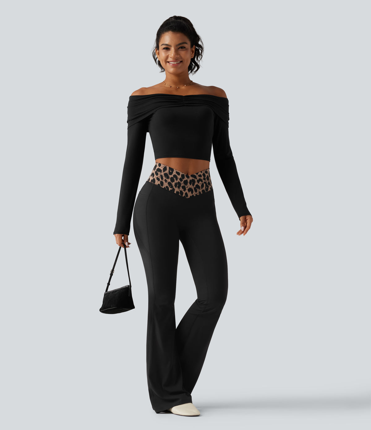Leopard Print High Waisted Crossover InstantCool Casual Flare Trousers with Pockets — Toffee Leopard — view 8