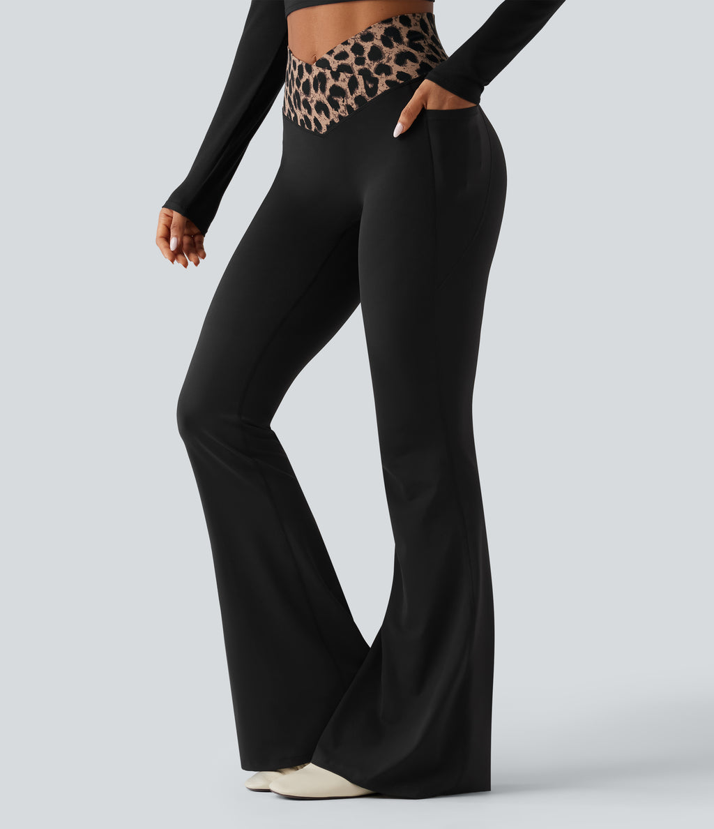 Leopard Print High Waisted Crossover InstantCool Casual Flare Trousers with Pockets — Toffee Leopard — view 3
