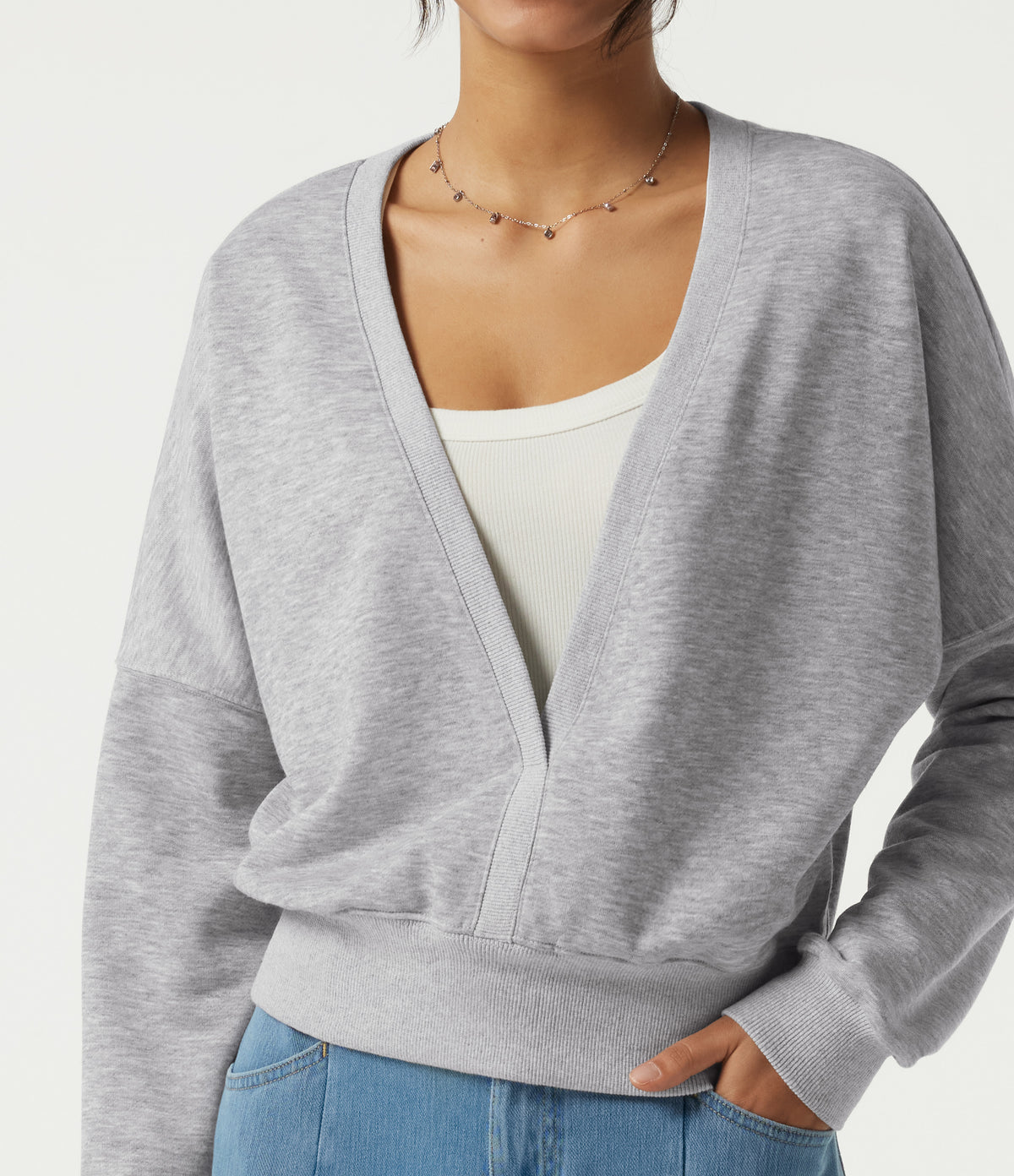 Deep V Neck Long Sleeve Casual Sweatshirt — Fog Gray — view 5