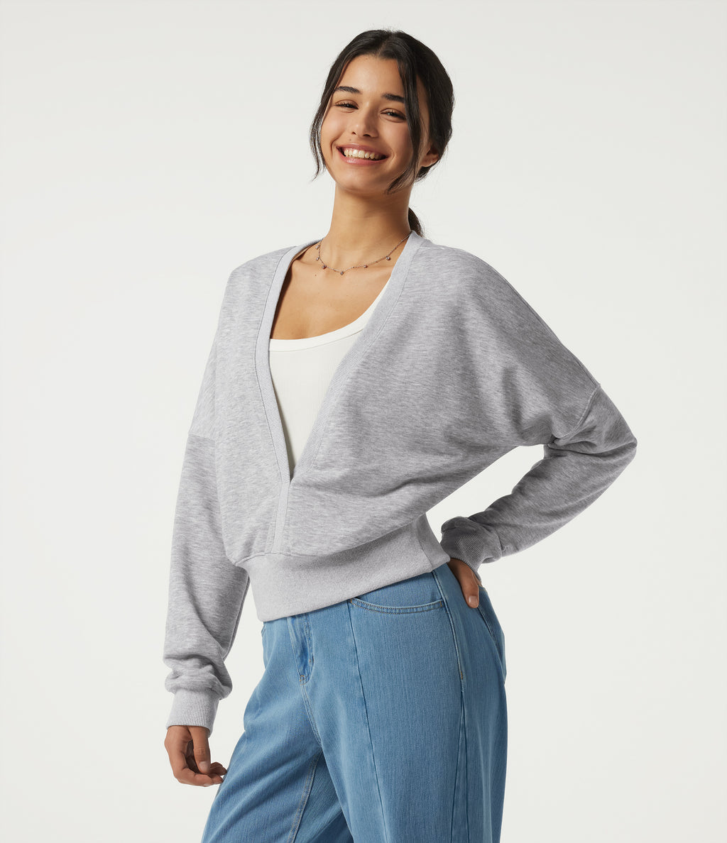 Deep V Neck Long Sleeve Casual Sweatshirt — Fog Gray — view 3