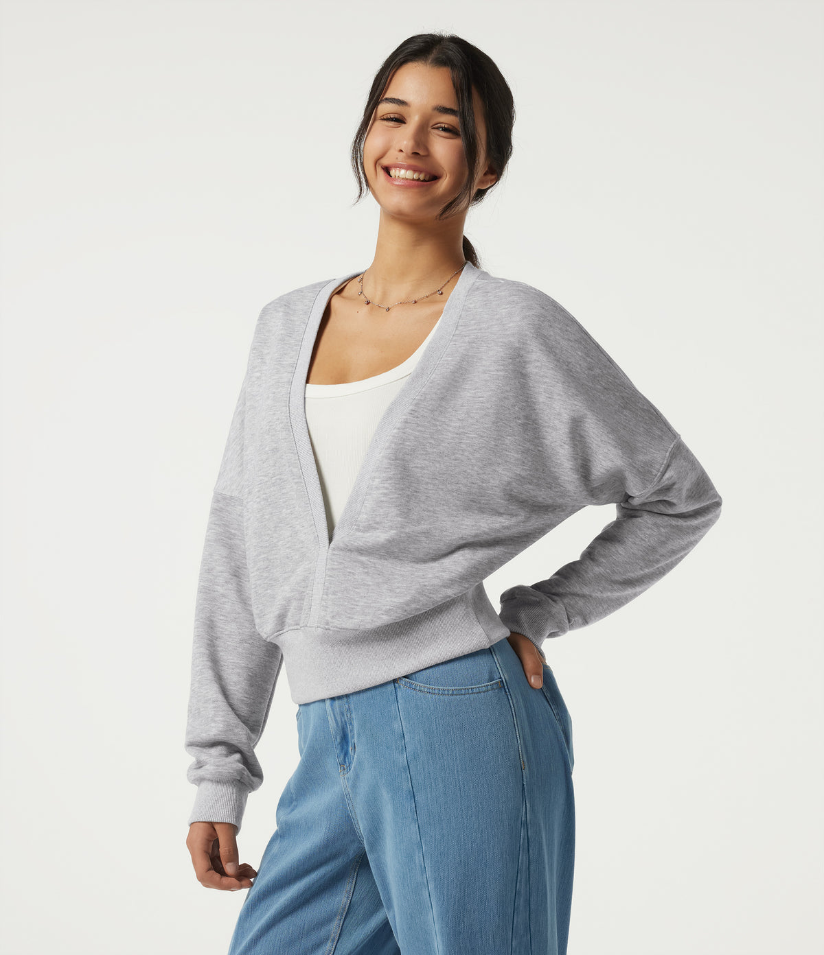 Deep V Neck Long Sleeve Casual Sweatshirt — Fog Gray — view 3