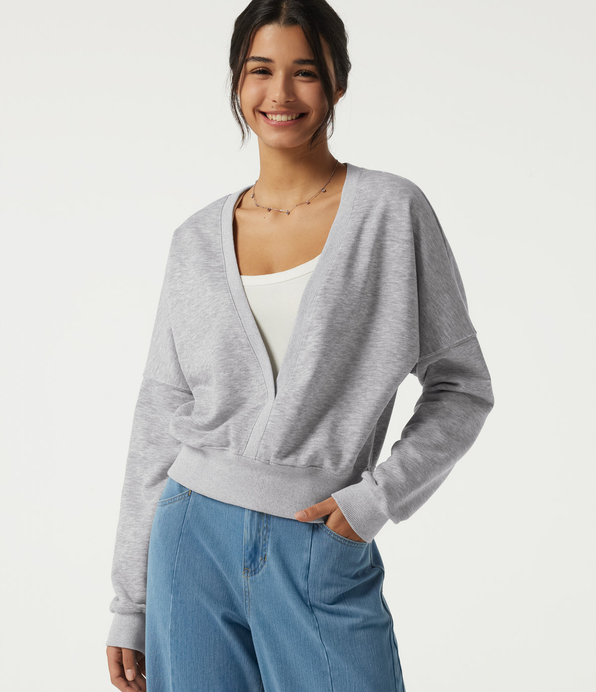 Deep V Neck Long Sleeve Casual Sweatshirt — Fog Gray — view 1
