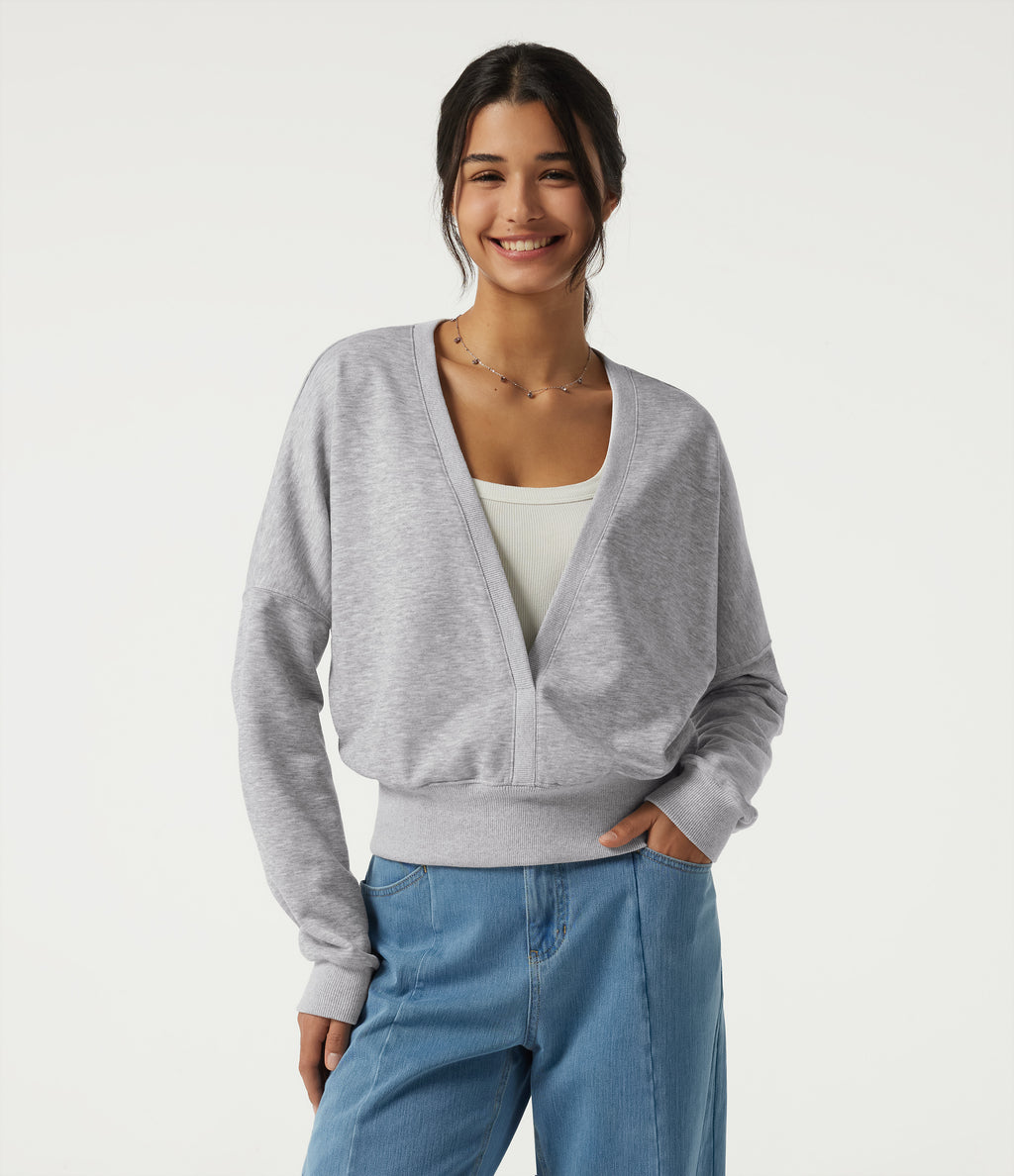 Deep V Neck Long Sleeve Casual Sweatshirt — Fog Gray — view 4