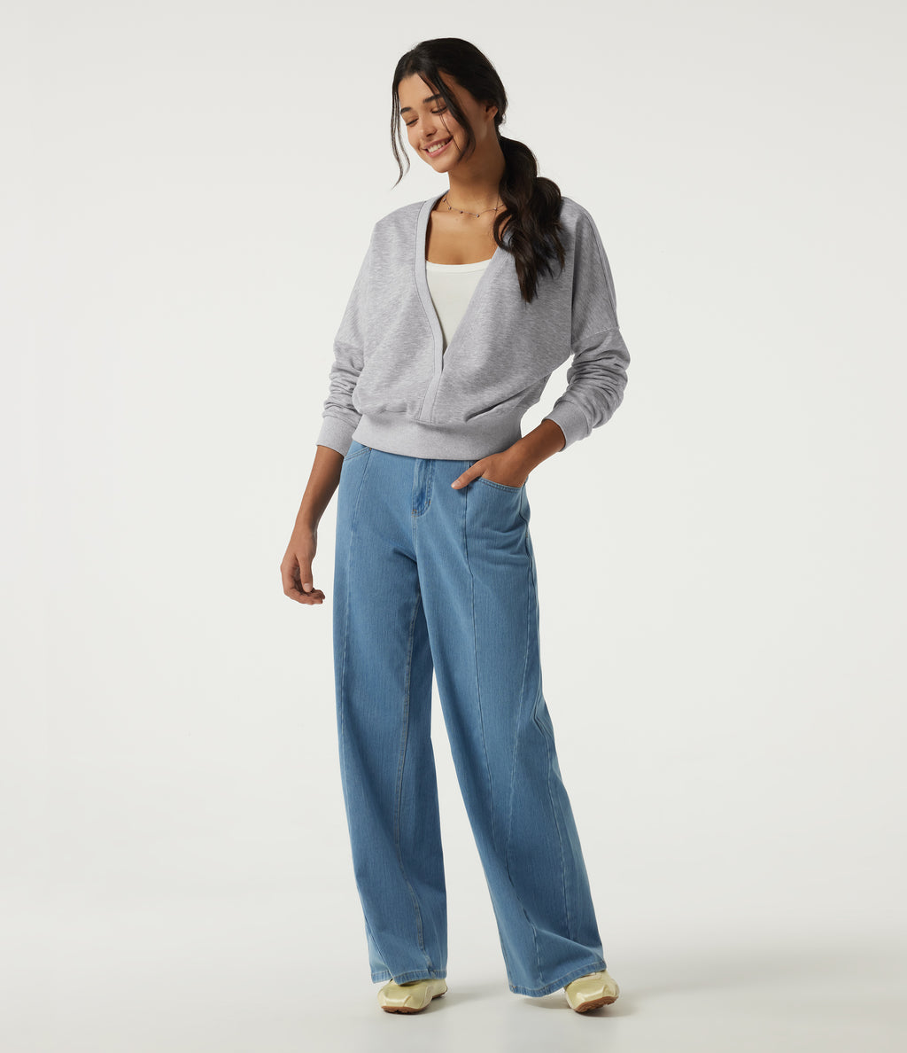 Deep V Neck Long Sleeve Casual Sweatshirt — Fog Gray — view 6