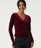 V Neck Long Sleeve Crossover Ruched Velvet Casual Top — Sangria — view 4