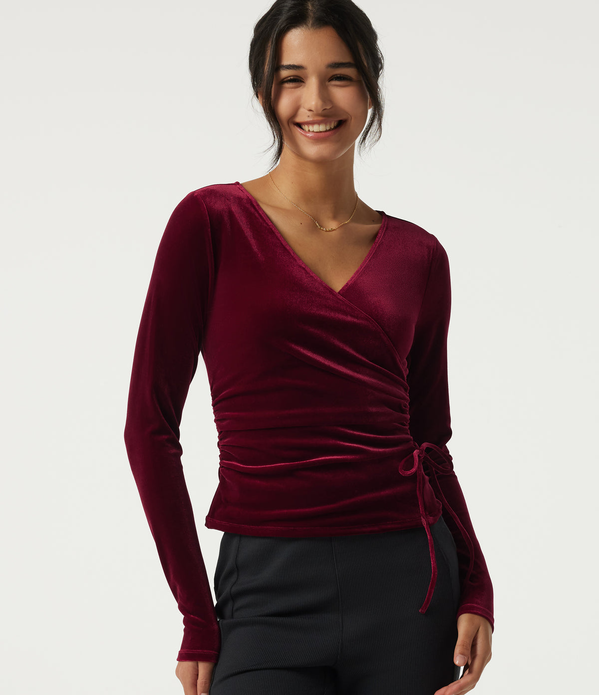 V Neck Long Sleeve Crossover Ruched Velvet Casual Top — Sangria — view 4