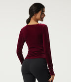 V Neck Long Sleeve Crossover Ruched Velvet Casual Top — Sangria — view 2
