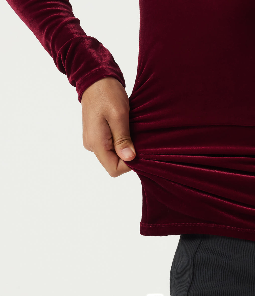 V Neck Long Sleeve Crossover Ruched Velvet Casual Top — Sangria — view 7