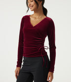 V Neck Long Sleeve Crossover Ruched Velvet Casual Top — Sangria — view 5
