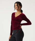 V Neck Long Sleeve Crossover Ruched Velvet Casual Top — Sangria — view 3