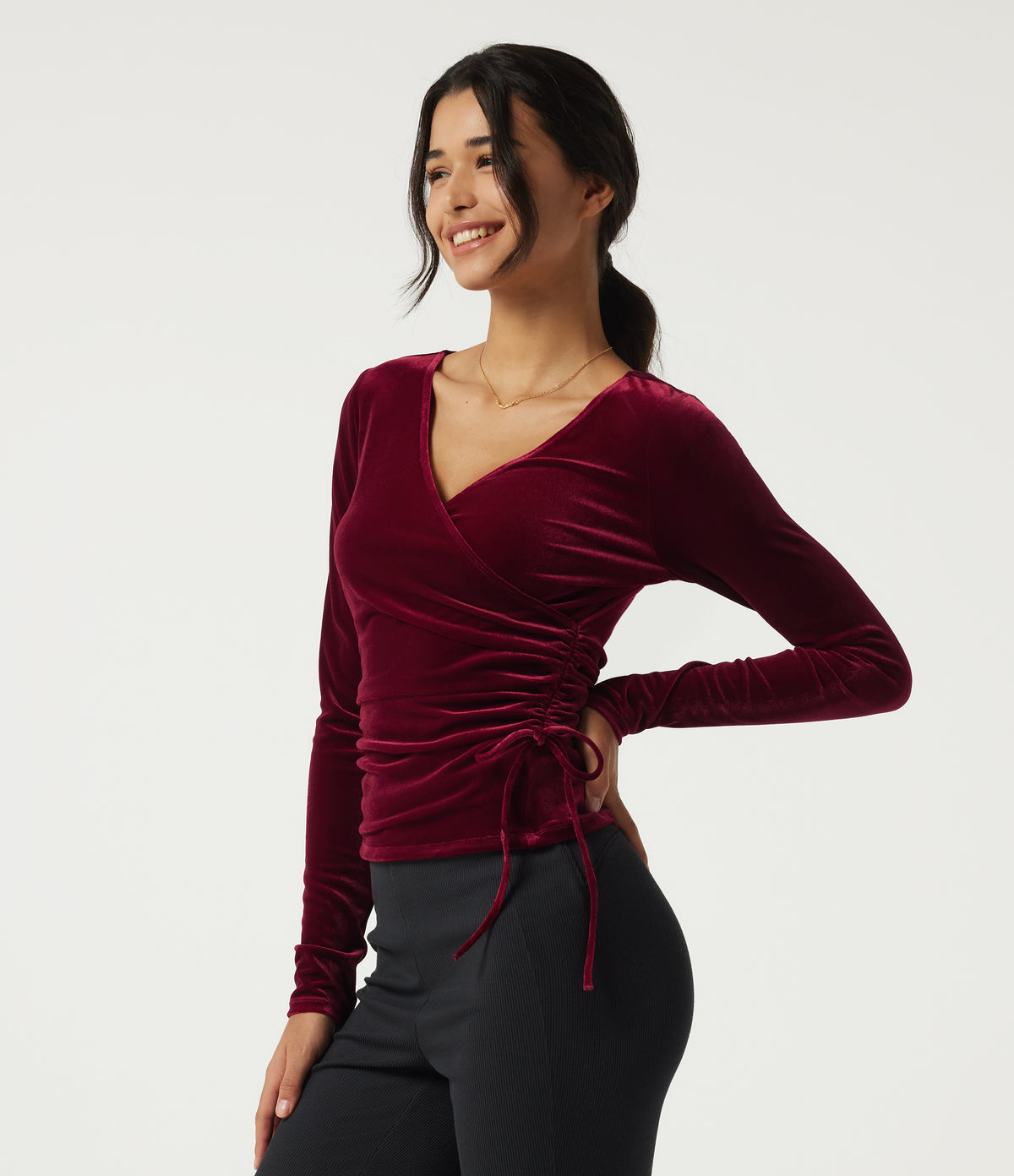 V Neck Long Sleeve Crossover Ruched Velvet Casual Top — Sangria — view 3