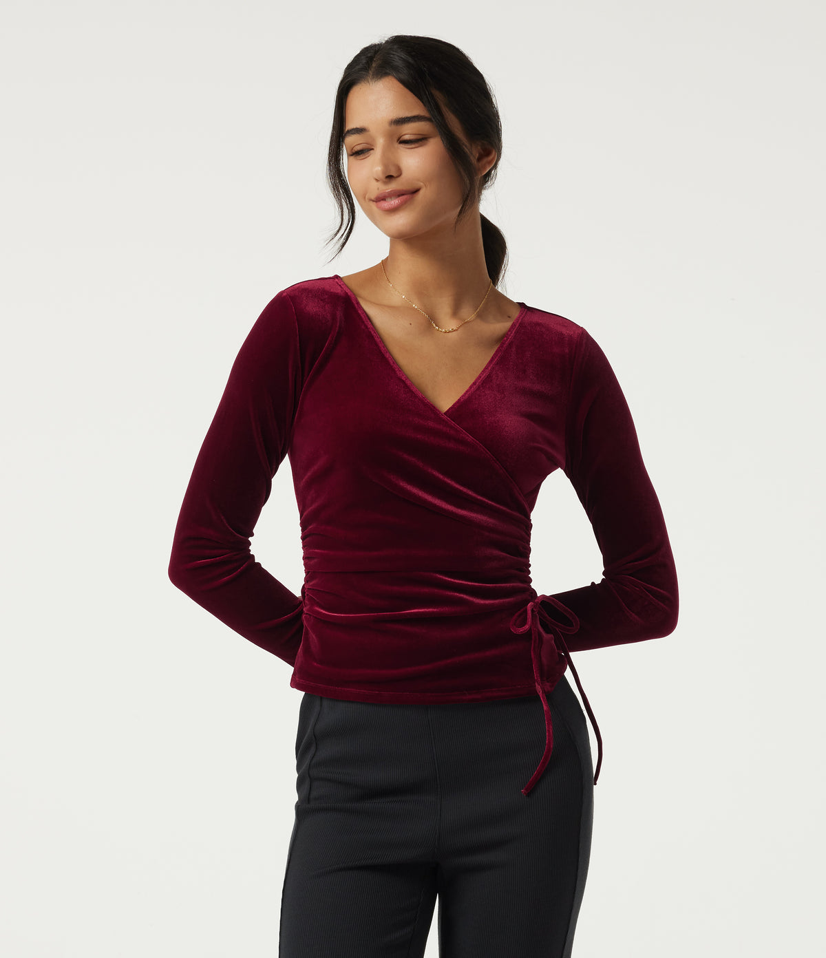 V Neck Long Sleeve Crossover Ruched Velvet Casual Top — Sangria — view 1