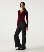 V Neck Long Sleeve Crossover Ruched Velvet Casual Top — Sangria — view 8