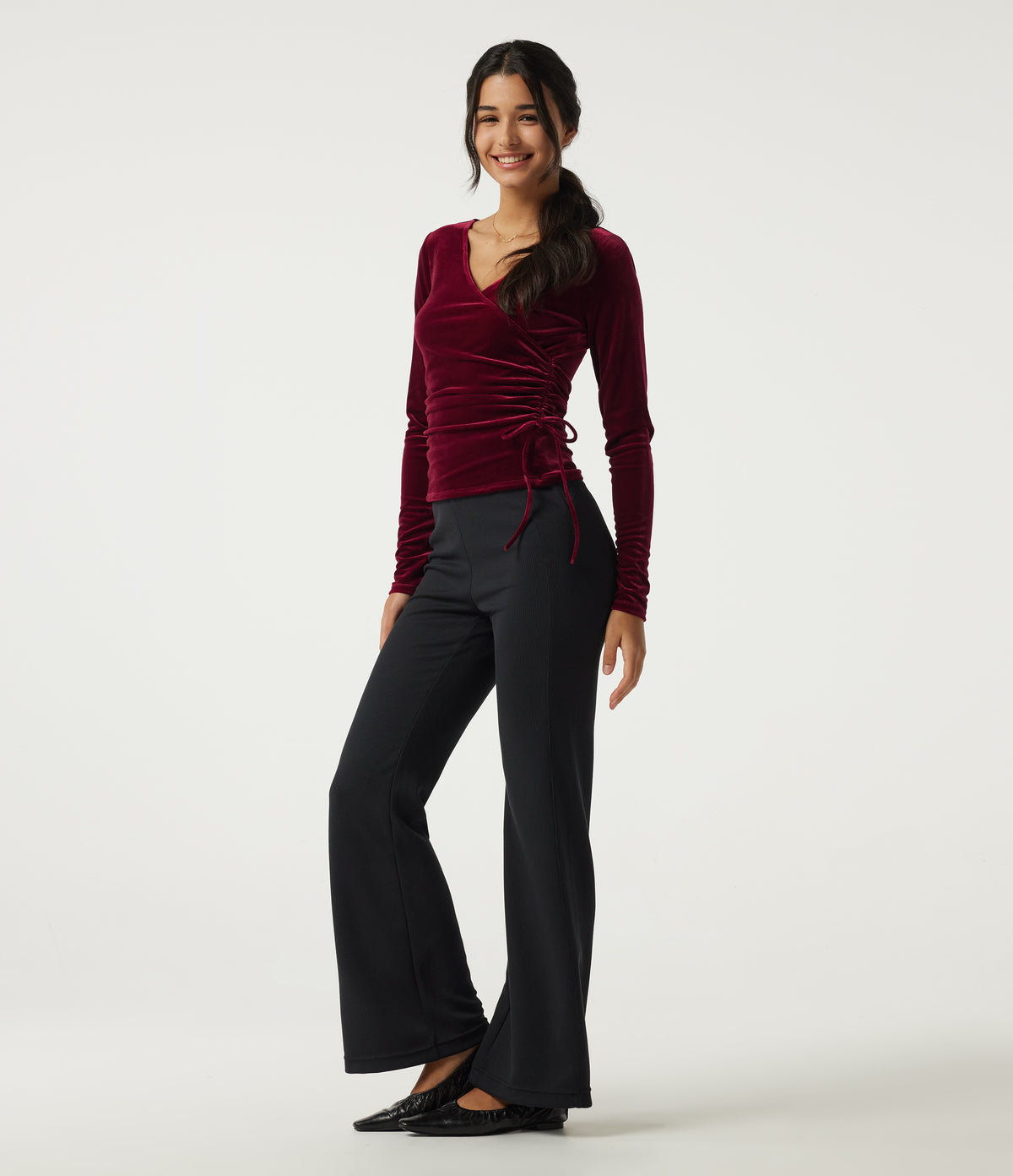 V Neck Long Sleeve Crossover Ruched Velvet Casual Top — Sangria — view 8