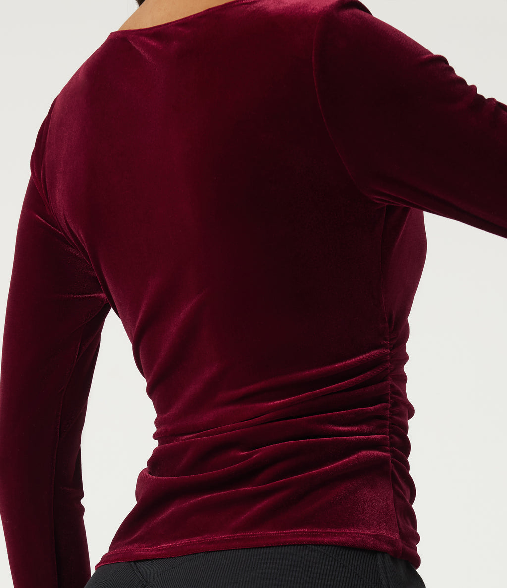 V Neck Long Sleeve Crossover Ruched Velvet Casual Top — Sangria — view 6