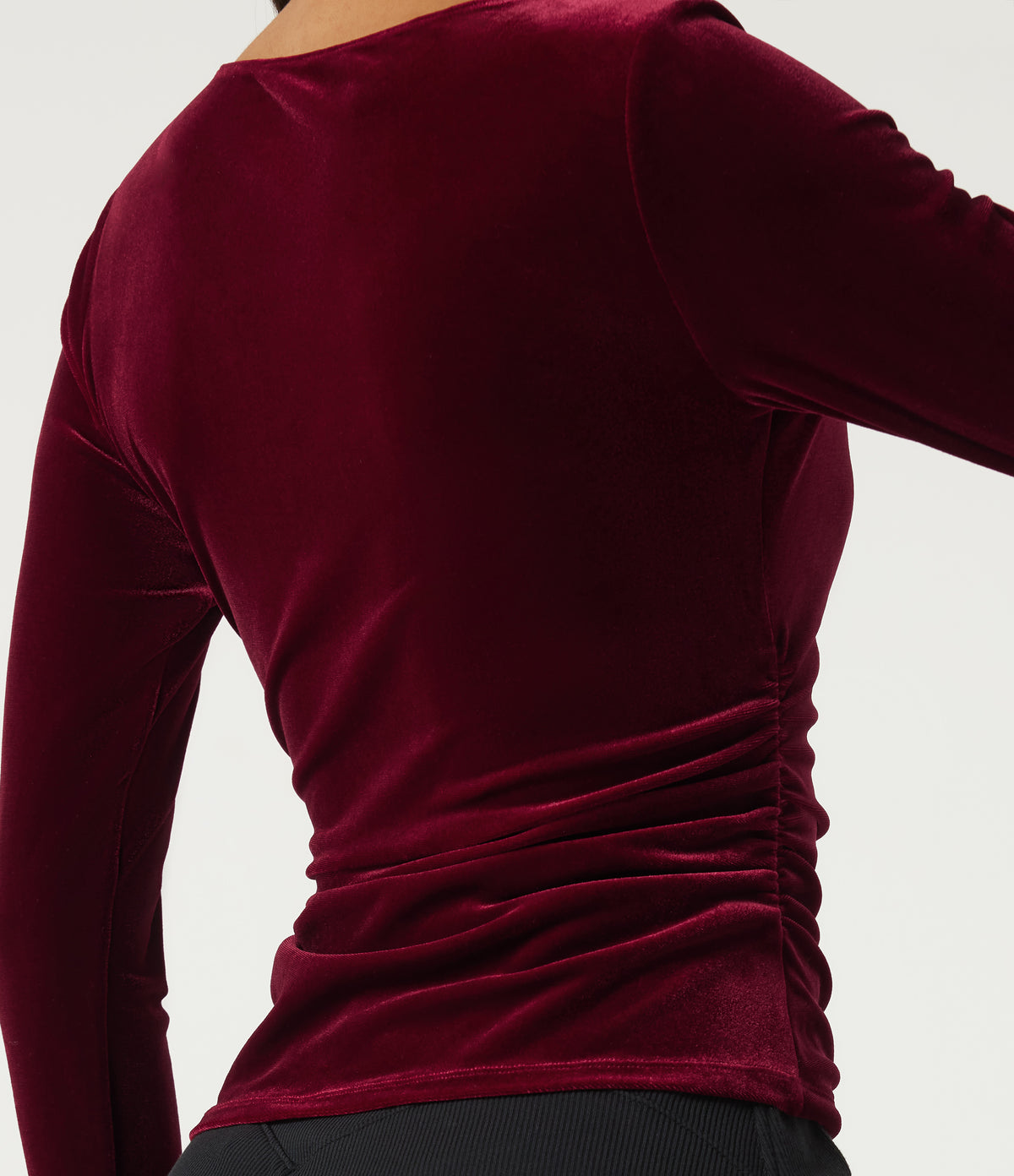 V Neck Long Sleeve Crossover Ruched Velvet Casual Top — Sangria — view 6