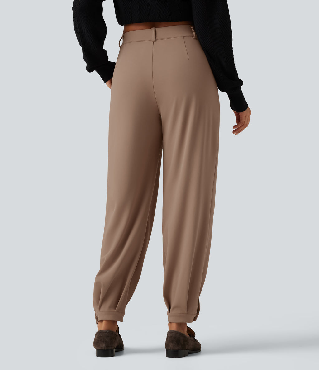 Wrinkle Recovery Mid Rise Ruched Work Joggers with Pockets — Burro — view 2