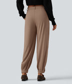 Wrinkle Recovery Mid Rise Ruched Work Joggers with Pockets — Burro — view 2