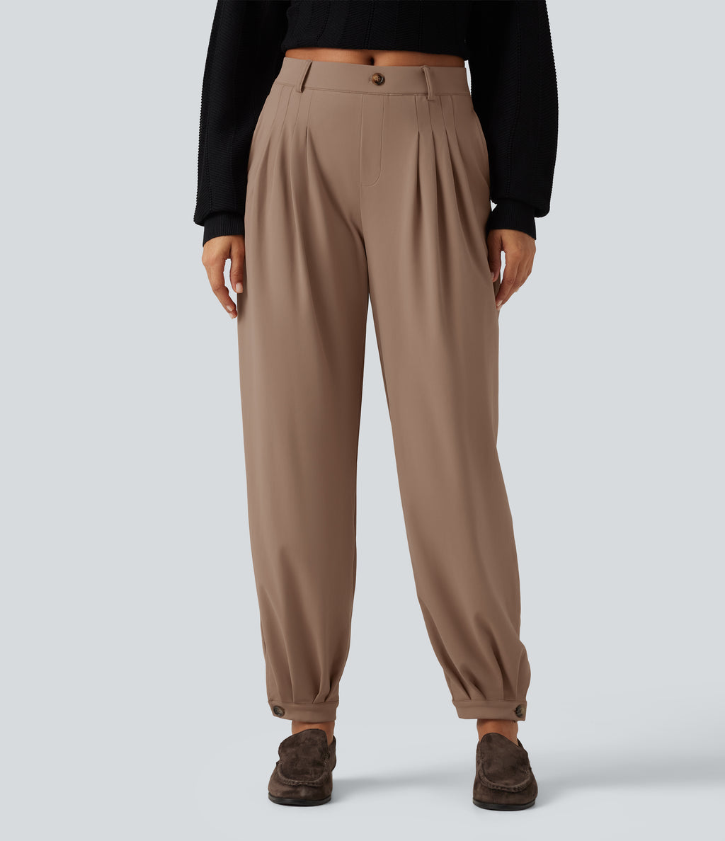 Wrinkle Recovery Mid Rise Ruched Work Joggers with Pockets — Burro — view 1