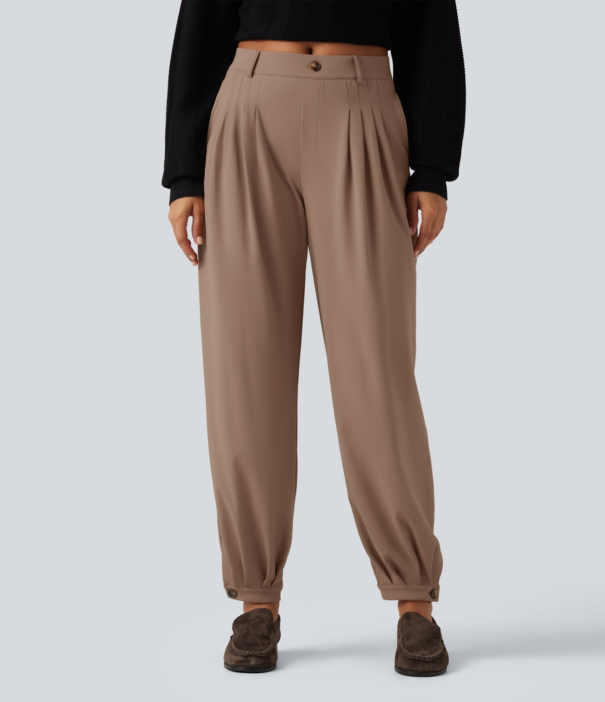 Wrinkle Recovery Mid Rise Ruched Work Joggers with Pockets — Burro — view 1