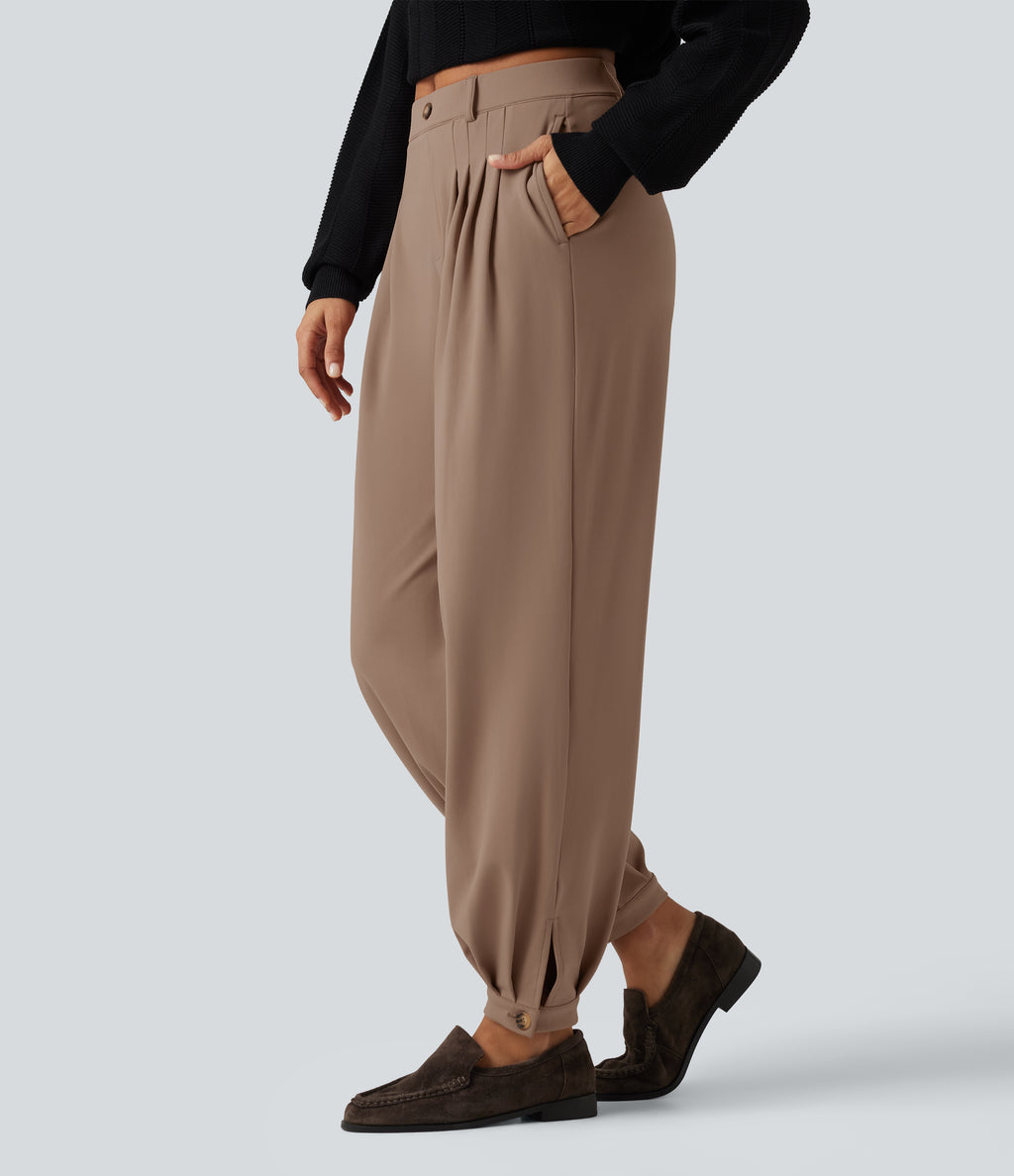 Wrinkle Recovery Mid Rise Ruched Work Joggers with Pockets — Burro — view 3