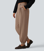 Wrinkle Recovery Mid Rise Ruched Work Joggers with Pockets — Burro — view 3