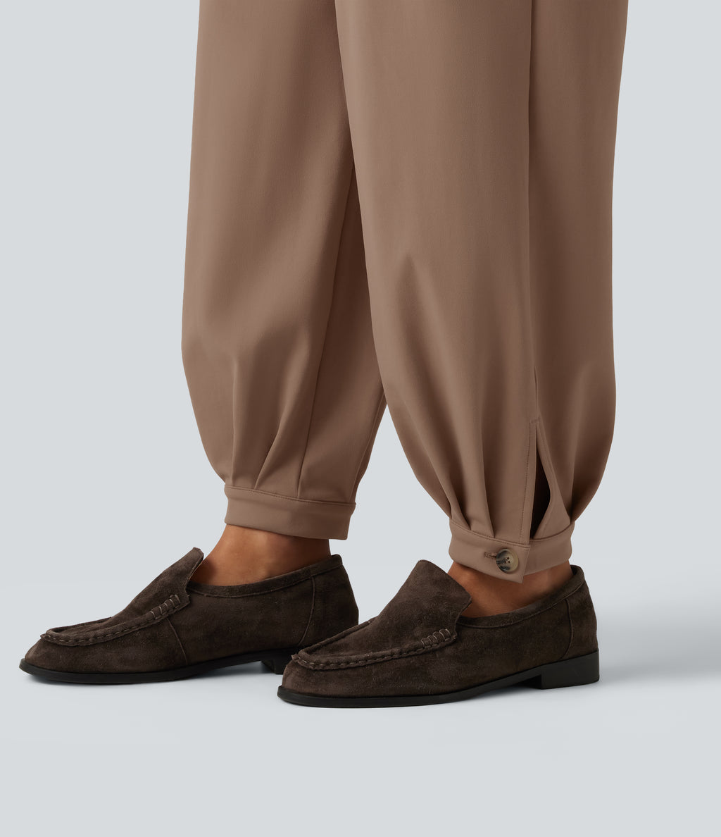 Wrinkle Recovery Mid Rise Ruched Work Joggers with Pockets — Burro — view 6