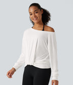 Long Sleeve Ruched Yoga Sports Top — White — view 3