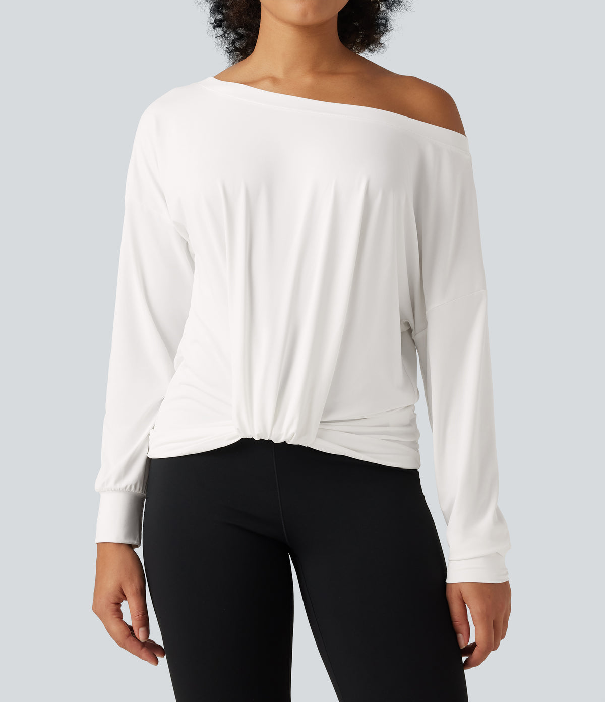 Long Sleeve Ruched Yoga Sports Top — White — view 7