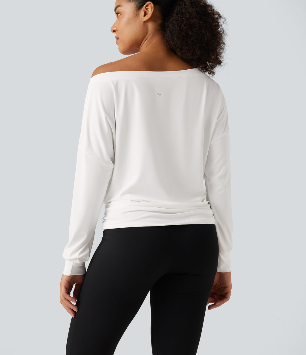 Long Sleeve Ruched Yoga Sports Top — White — view 6
