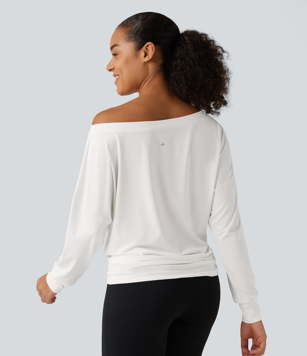 Long Sleeve Ruched Yoga Sports Top — White — view 2