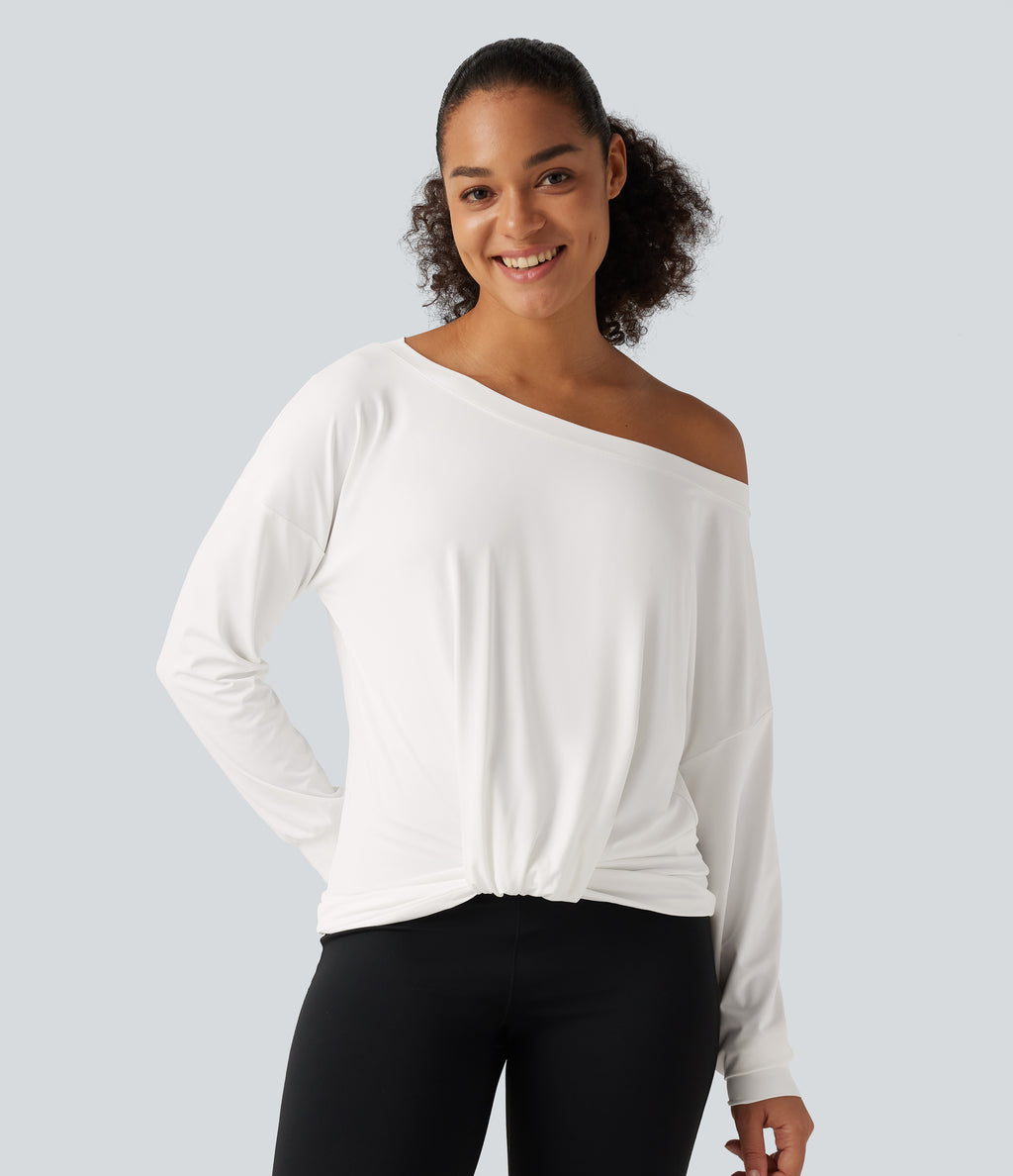 Long Sleeve Ruched Yoga Sports Top — White — view 5