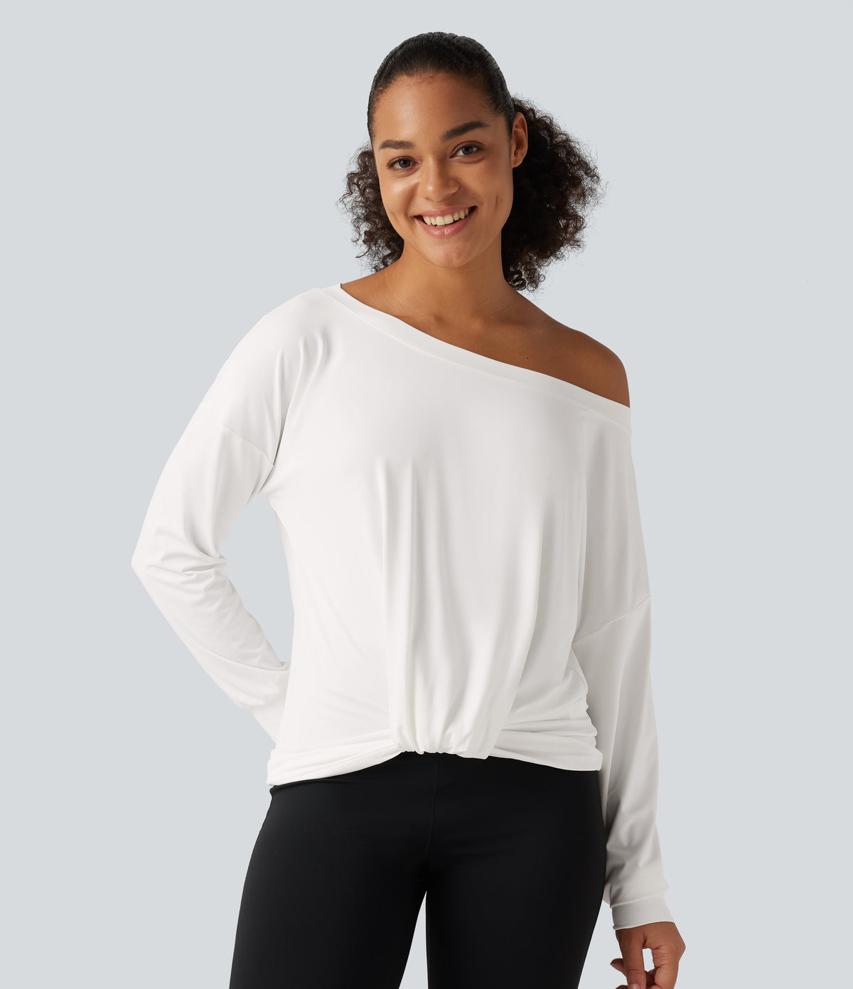 Long Sleeve Ruched Yoga Sports Top — White — view 5