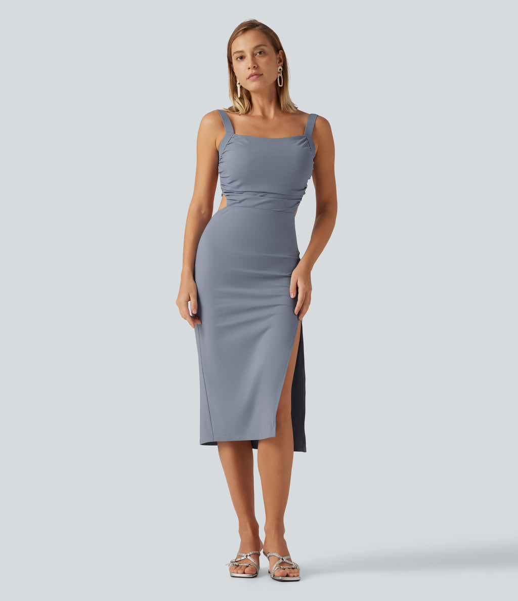 Ruched Lace Up Bodycon Midi Party Dress DD-F Cups — Snowflake Blue — view 2