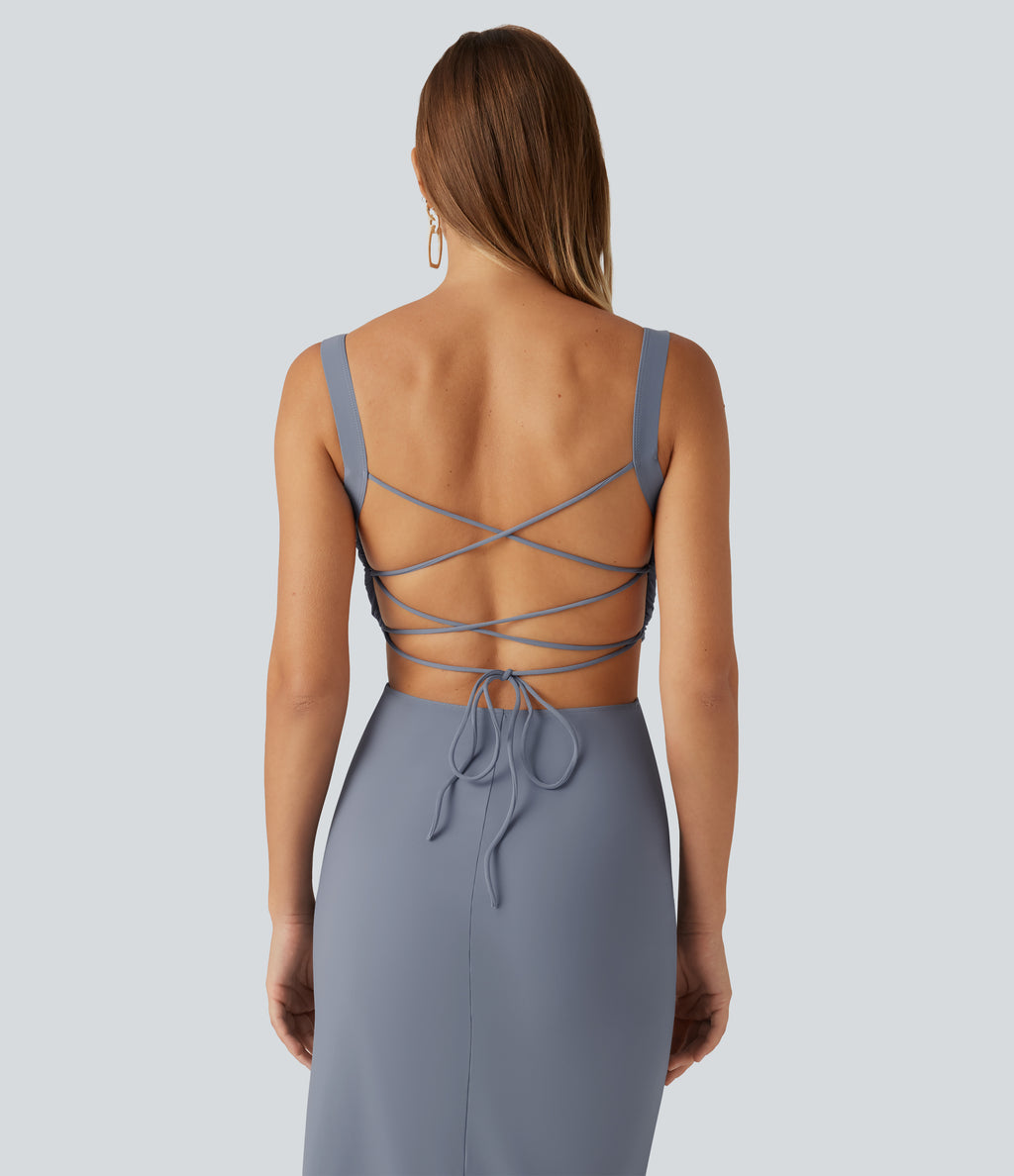 Ruched Lace Up Bodycon Midi Party Dress DD-F Cups — Snowflake Blue — view 4